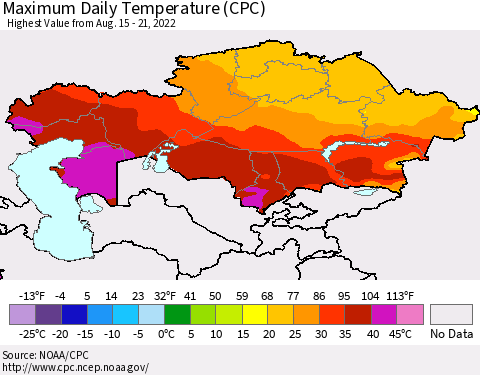 Kazakhstan Maximum Daily Temperature (CPC) Thematic Map For 8/15/2022 - 8/21/2022