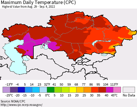 Kazakhstan Maximum Daily Temperature (CPC) Thematic Map For 8/29/2022 - 9/4/2022