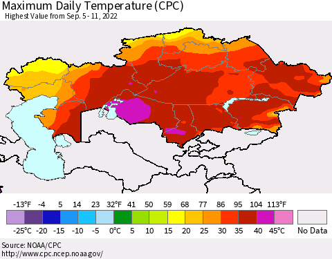 Kazakhstan Maximum Daily Temperature (CPC) Thematic Map For 9/5/2022 - 9/11/2022