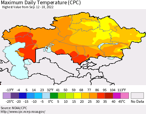 Kazakhstan Maximum Daily Temperature (CPC) Thematic Map For 9/12/2022 - 9/18/2022