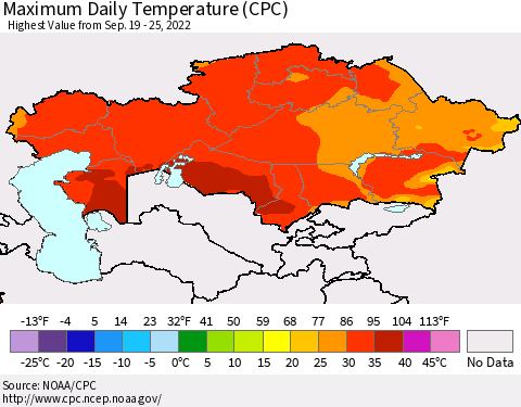 Kazakhstan Maximum Daily Temperature (CPC) Thematic Map For 9/19/2022 - 9/25/2022