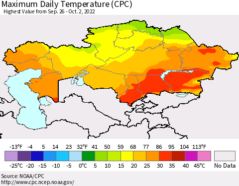 Kazakhstan Maximum Daily Temperature (CPC) Thematic Map For 9/26/2022 - 10/2/2022