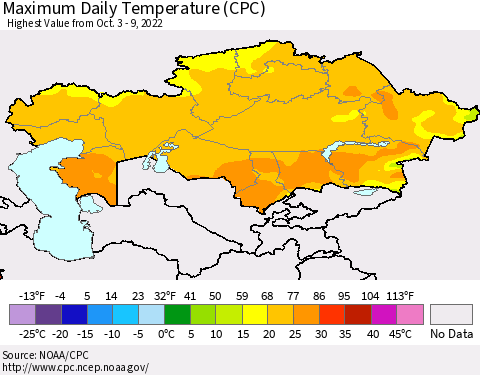 Kazakhstan Maximum Daily Temperature (CPC) Thematic Map For 10/3/2022 - 10/9/2022