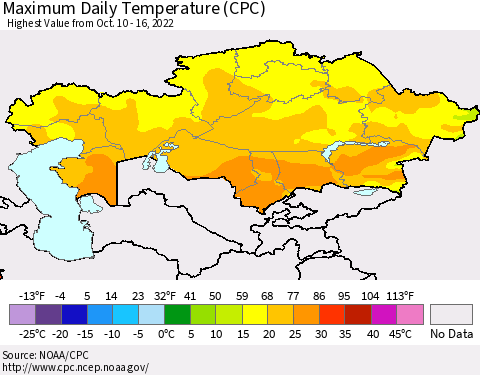 Kazakhstan Maximum Daily Temperature (CPC) Thematic Map For 10/10/2022 - 10/16/2022