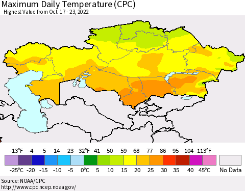 Kazakhstan Maximum Daily Temperature (CPC) Thematic Map For 10/17/2022 - 10/23/2022