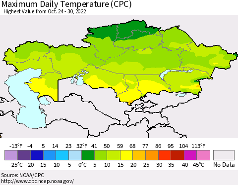 Kazakhstan Maximum Daily Temperature (CPC) Thematic Map For 10/24/2022 - 10/30/2022