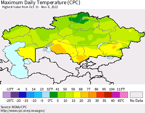 Kazakhstan Maximum Daily Temperature (CPC) Thematic Map For 10/31/2022 - 11/6/2022