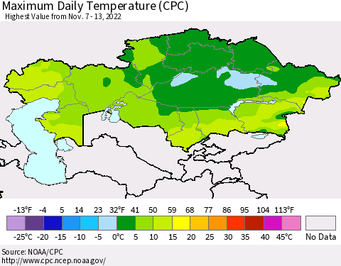 Kazakhstan Maximum Daily Temperature (CPC) Thematic Map For 11/7/2022 - 11/13/2022
