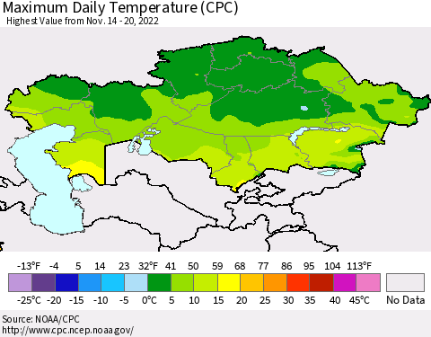 Kazakhstan Maximum Daily Temperature (CPC) Thematic Map For 11/14/2022 - 11/20/2022