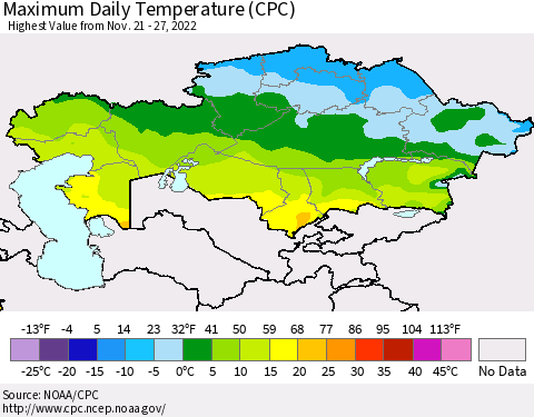 Kazakhstan Maximum Daily Temperature (CPC) Thematic Map For 11/21/2022 - 11/27/2022