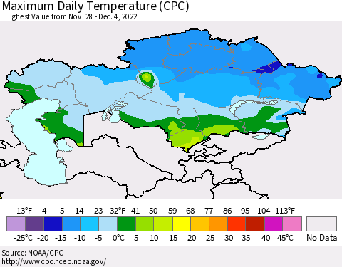 Kazakhstan Maximum Daily Temperature (CPC) Thematic Map For 11/28/2022 - 12/4/2022