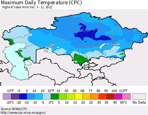 Kazakhstan Maximum Daily Temperature (CPC) Thematic Map For 12/5/2022 - 12/11/2022