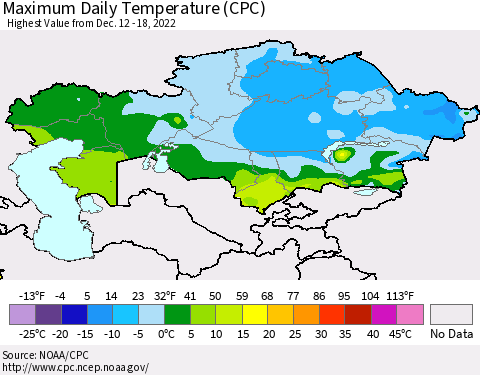 Kazakhstan Maximum Daily Temperature (CPC) Thematic Map For 12/12/2022 - 12/18/2022