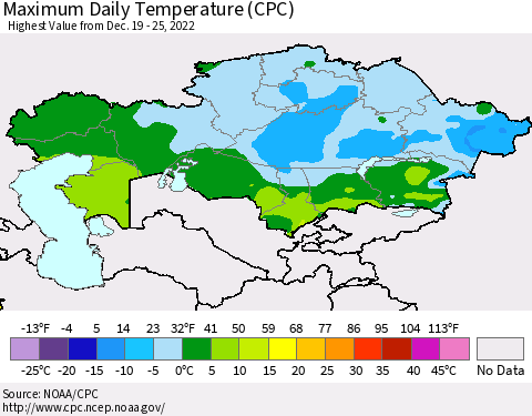 Kazakhstan Maximum Daily Temperature (CPC) Thematic Map For 12/19/2022 - 12/25/2022