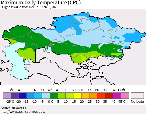 Kazakhstan Maximum Daily Temperature (CPC) Thematic Map For 12/26/2022 - 1/1/2023