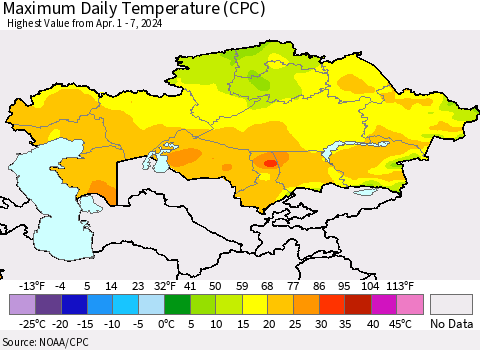 Kazakhstan Maximum Daily Temperature (CPC) Thematic Map For 4/1/2024 - 4/7/2024