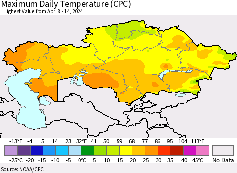 Kazakhstan Maximum Daily Temperature (CPC) Thematic Map For 4/8/2024 - 4/14/2024