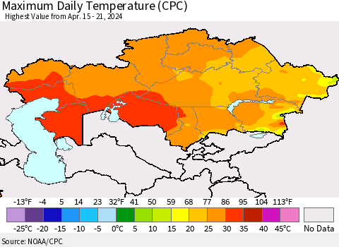 Kazakhstan Maximum Daily Temperature (CPC) Thematic Map For 4/15/2024 - 4/21/2024