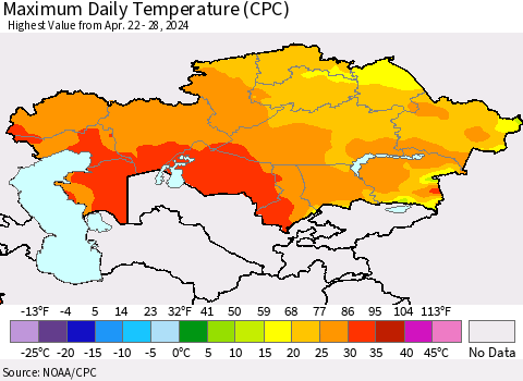 Kazakhstan Maximum Daily Temperature (CPC) Thematic Map For 4/22/2024 - 4/28/2024
