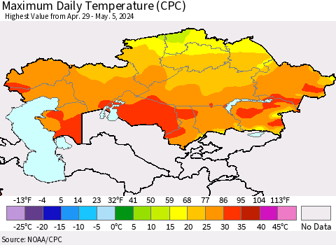 Kazakhstan Maximum Daily Temperature (CPC) Thematic Map For 4/29/2024 - 5/5/2024