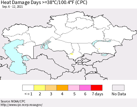 Kazakhstan Heat Damage Days >=38°C/100°F (CPC) Thematic Map For 9/6/2021 - 9/12/2021