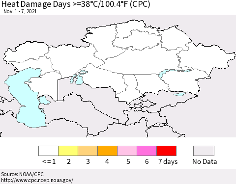 Kazakhstan Heat Damage Days >=38°C/100°F (CPC) Thematic Map For 11/1/2021 - 11/7/2021