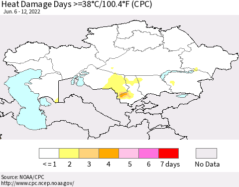 Kazakhstan Heat Damage Days >=38°C/100°F (CPC) Thematic Map For 6/6/2022 - 6/12/2022