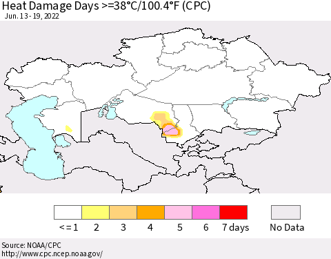 Kazakhstan Heat Damage Days >=38°C/100°F (CPC) Thematic Map For 6/13/2022 - 6/19/2022