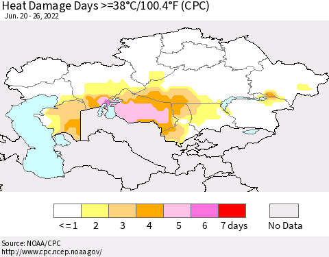 Kazakhstan Heat Damage Days >=38°C/100°F (CPC) Thematic Map For 6/20/2022 - 6/26/2022