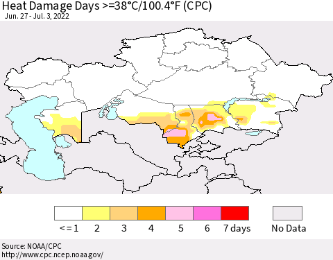 Kazakhstan Heat Damage Days >=38°C/100°F (CPC) Thematic Map For 6/27/2022 - 7/3/2022