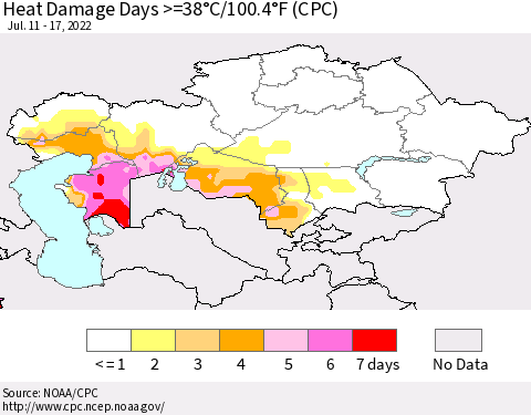 Kazakhstan Heat Damage Days >=38°C/100°F (CPC) Thematic Map For 7/11/2022 - 7/17/2022