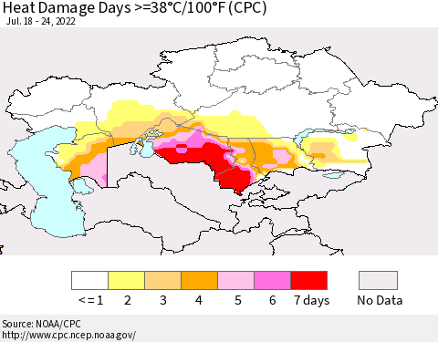 Kazakhstan Heat Damage Days >=38°C/100°F (CPC) Thematic Map For 7/18/2022 - 7/24/2022
