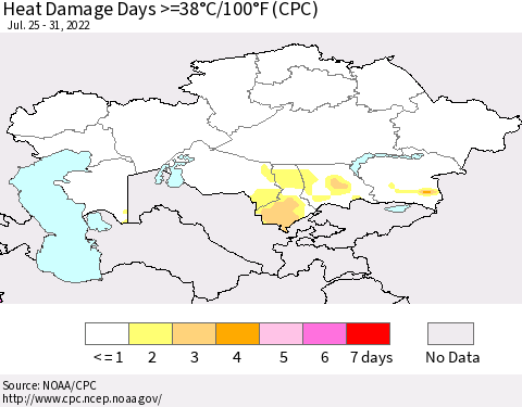 Kazakhstan Heat Damage Days >=38°C/100°F (CPC) Thematic Map For 7/25/2022 - 7/31/2022