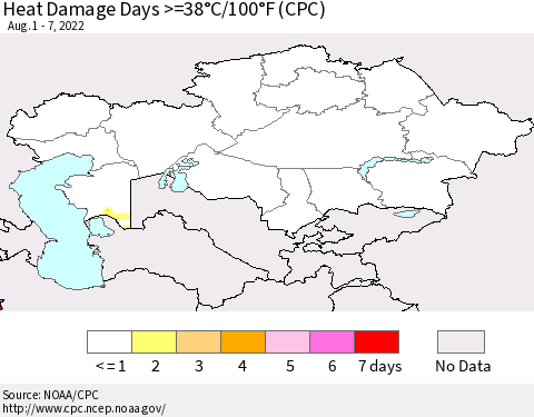 Kazakhstan Heat Damage Days >=38°C/100°F (CPC) Thematic Map For 8/1/2022 - 8/7/2022