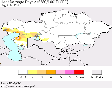Kazakhstan Heat Damage Days >=38°C/100°F (CPC) Thematic Map For 8/8/2022 - 8/14/2022