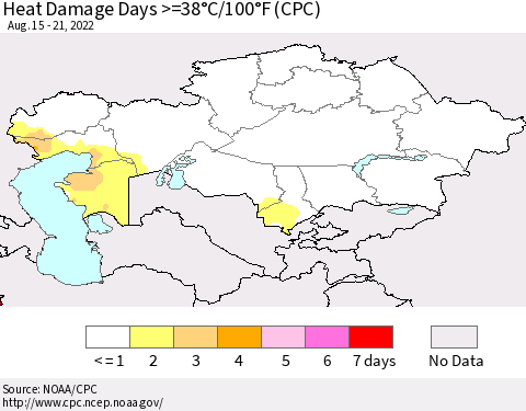 Kazakhstan Heat Damage Days >=38°C/100°F (CPC) Thematic Map For 8/15/2022 - 8/21/2022