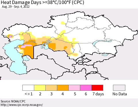 Kazakhstan Heat Damage Days >=38°C/100°F (CPC) Thematic Map For 8/29/2022 - 9/4/2022