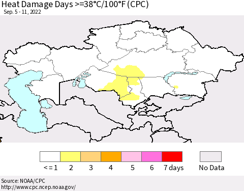 Kazakhstan Heat Damage Days >=38°C/100°F (CPC) Thematic Map For 9/5/2022 - 9/11/2022