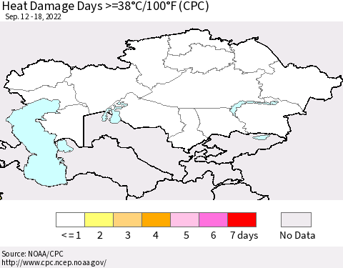 Kazakhstan Heat Damage Days >=38°C/100°F (CPC) Thematic Map For 9/12/2022 - 9/18/2022