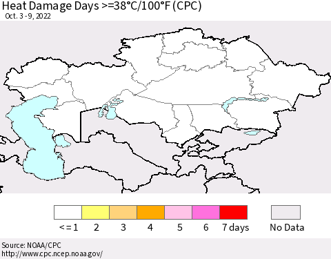 Kazakhstan Heat Damage Days >=38°C/100°F (CPC) Thematic Map For 10/3/2022 - 10/9/2022