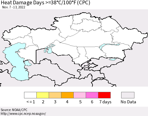 Kazakhstan Heat Damage Days >=38°C/100°F (CPC) Thematic Map For 11/7/2022 - 11/13/2022