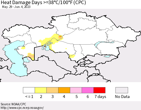 Kazakhstan Heat Damage Days >=38°C/100°F (CPC) Thematic Map For 5/29/2023 - 6/4/2023