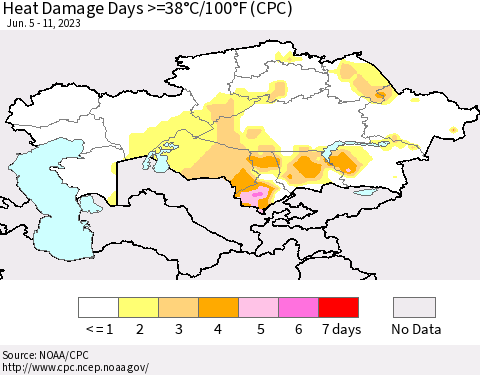 Kazakhstan Heat Damage Days >=38°C/100°F (CPC) Thematic Map For 6/5/2023 - 6/11/2023