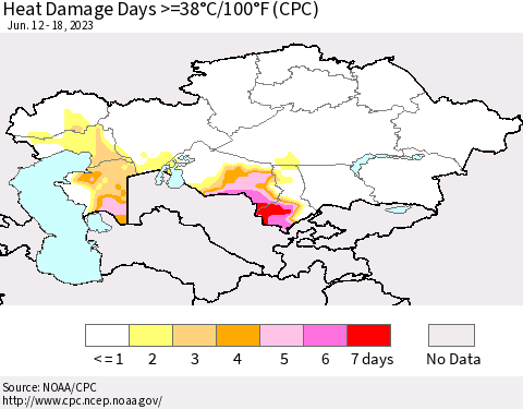 Kazakhstan Heat Damage Days >=38°C/100°F (CPC) Thematic Map For 6/12/2023 - 6/18/2023