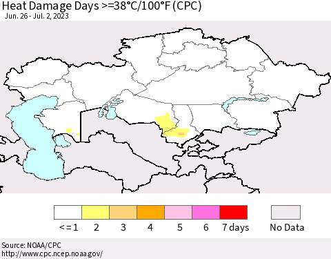 Kazakhstan Heat Damage Days >=38°C/100°F (CPC) Thematic Map For 6/26/2023 - 7/2/2023