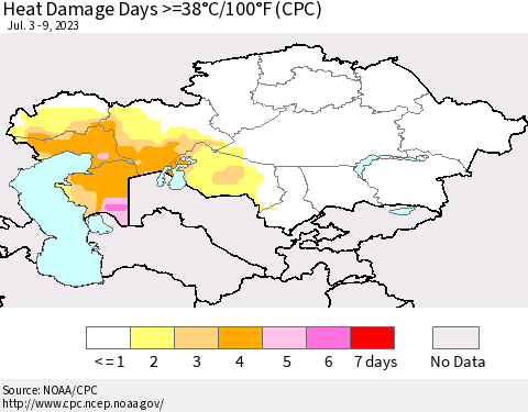 Kazakhstan Heat Damage Days >=38°C/100°F (CPC) Thematic Map For 7/3/2023 - 7/9/2023
