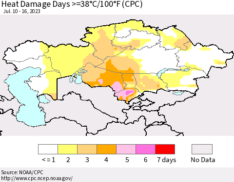Kazakhstan Heat Damage Days >=38°C/100°F (CPC) Thematic Map For 7/10/2023 - 7/16/2023