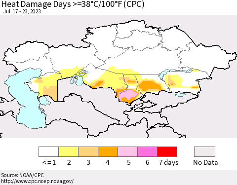 Kazakhstan Heat Damage Days >=38°C/100°F (CPC) Thematic Map For 7/17/2023 - 7/23/2023