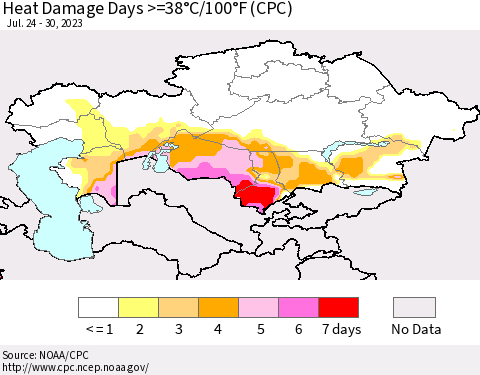 Kazakhstan Heat Damage Days >=38°C/100°F (CPC) Thematic Map For 7/24/2023 - 7/30/2023