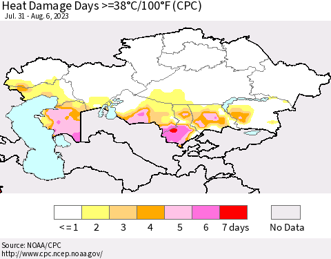 Kazakhstan Heat Damage Days >=38°C/100°F (CPC) Thematic Map For 7/31/2023 - 8/6/2023